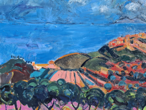A photograph of a painting of a colorful landscape with a bright blue sky.