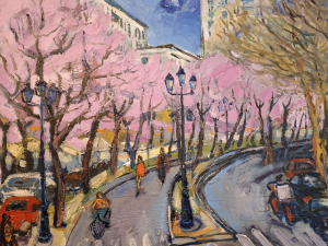 A photograph of a painting of a street lined with trees.
