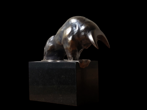 A photograph of a sculpture of a bull.
