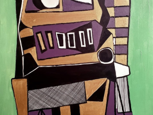 A photograph of an abstract painting featuring irregular geometric shapes.