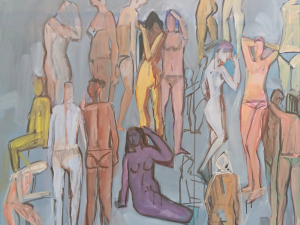 A photograph of a painting of simple, muted figures.