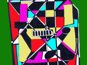 A photograph of a painting featuring brightly colored irregular geometric shapes.