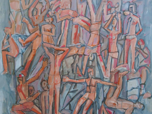 A photograph of a painting of a complex pattern of human figures.