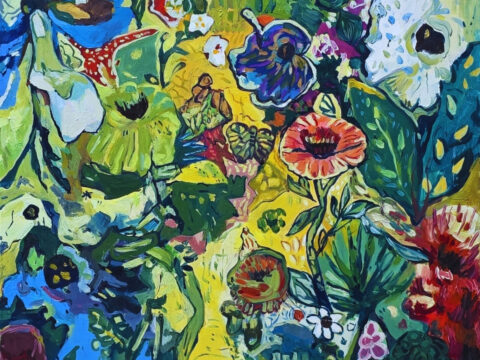 A photograph of a modern floral painting.