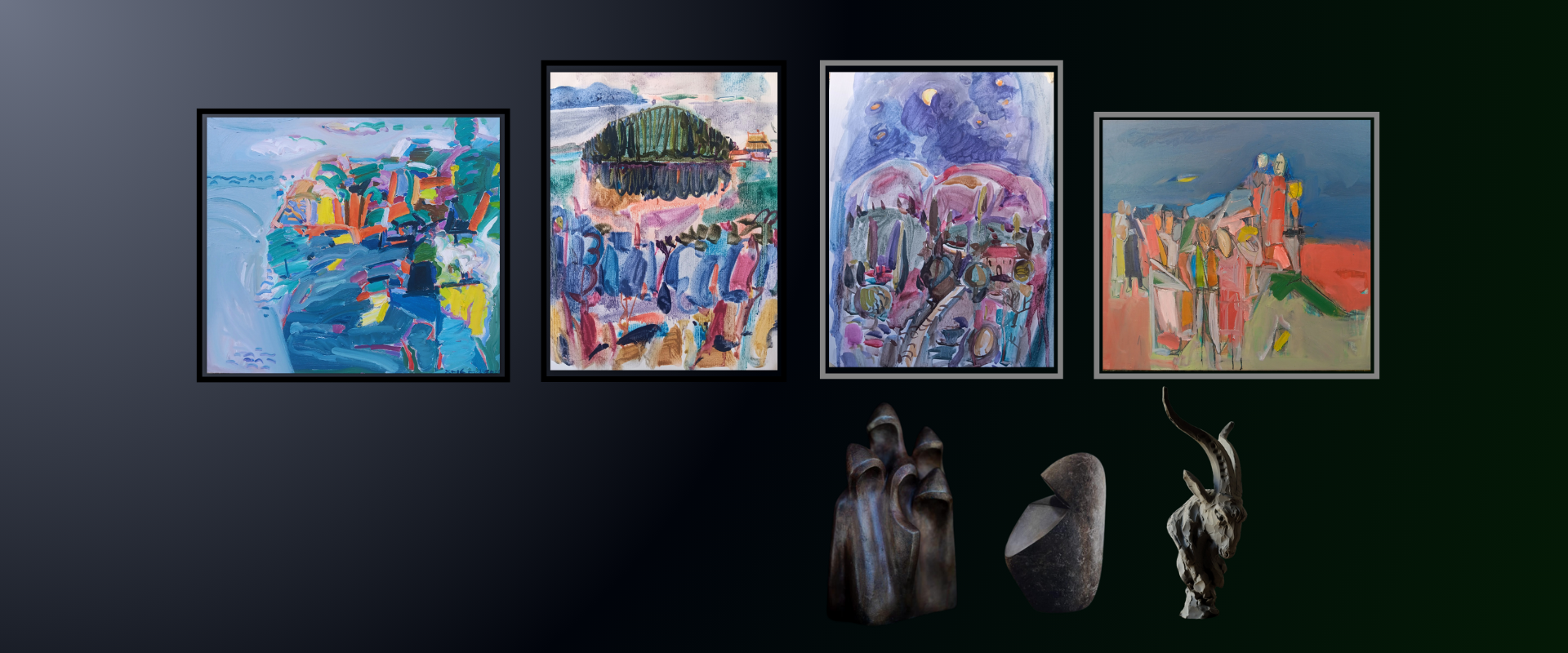 A photograph of four colorful paintings on a dark background with three small animal sculptures in the foreground.