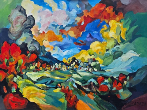 A photograph of a painting of a colorful landscape.
