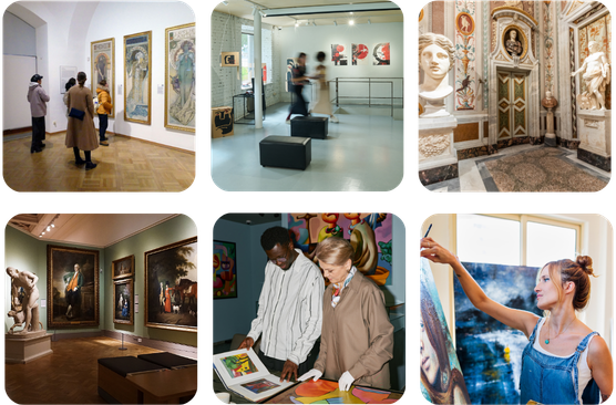 A grid of six images representing scenes from art galleries and the lives of artists.