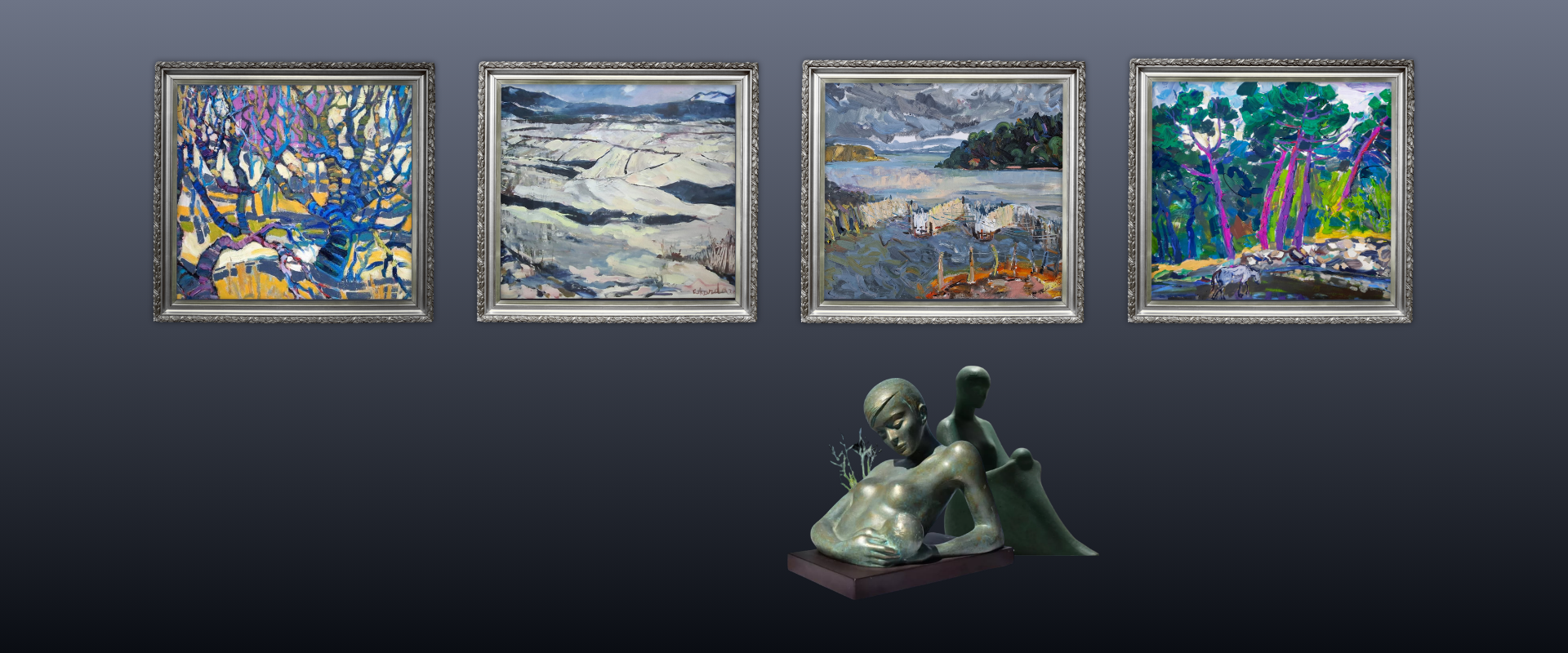 A photograph of brightly colored paintings and a sculpture.