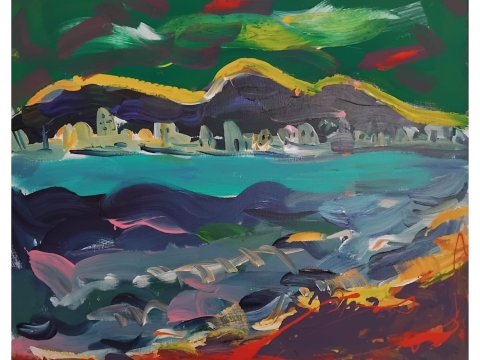 An expressionist landscape painting by Adi Puleshi.