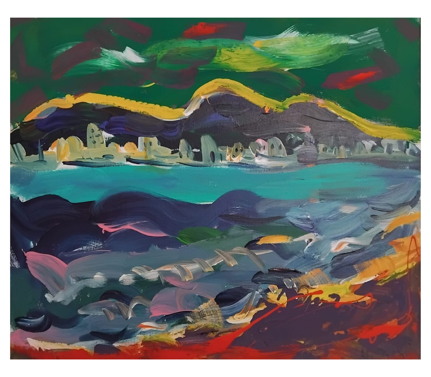 An expressionist landscape painting by Adi Puleshi.
