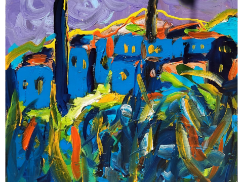 An expressionist landscape painting by Adi Puleshi.