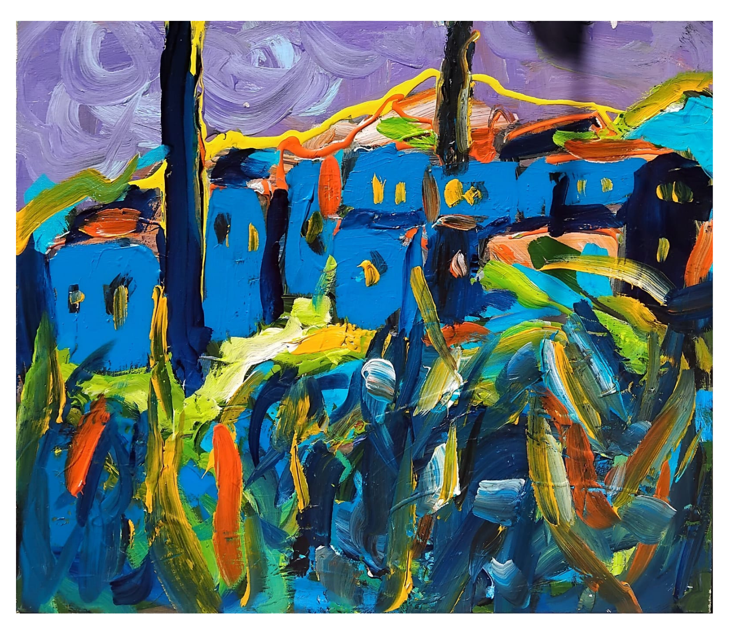 An expressionist landscape painting by Adi Puleshi.