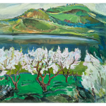 Blossoming Trees by the Lake