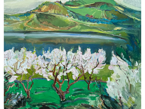 Blossoming Trees by the Lake