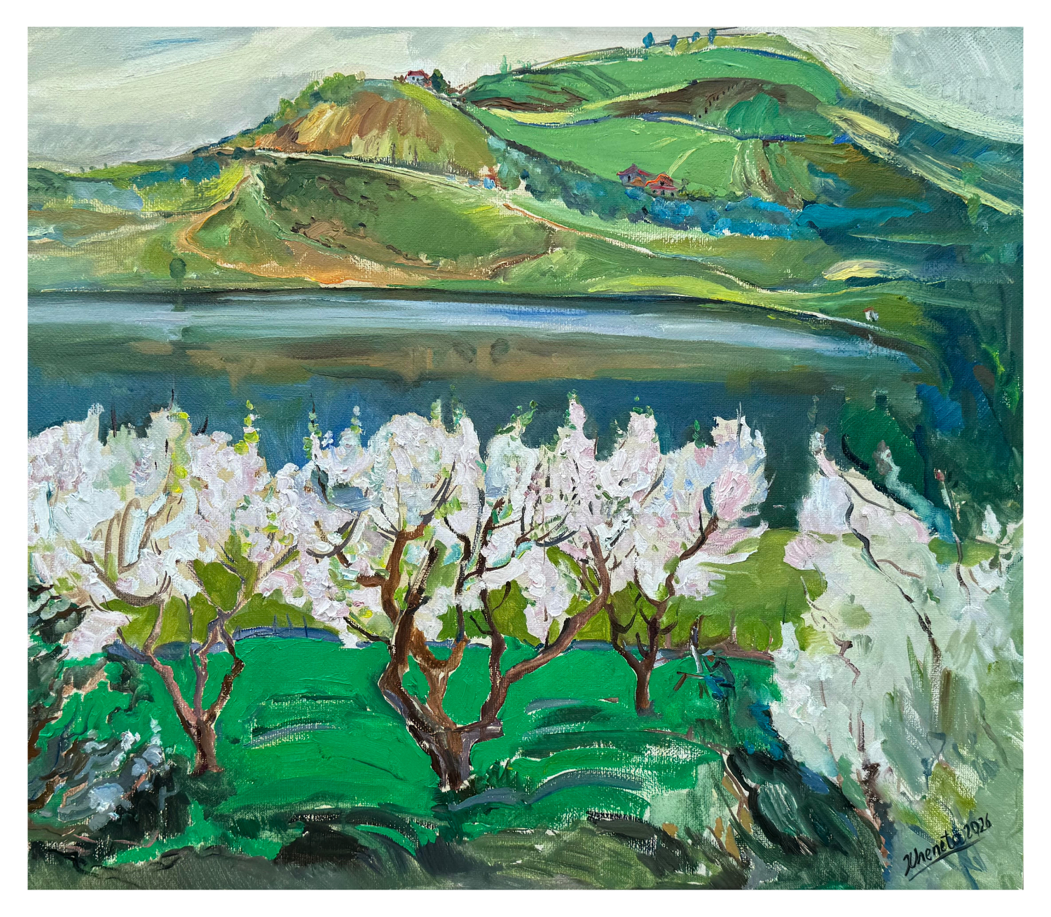 Blossoming Trees by the Lake