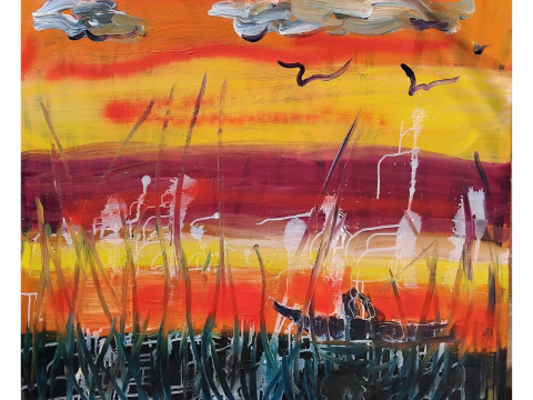 A bright expressionist painting by Adi Puleshi.