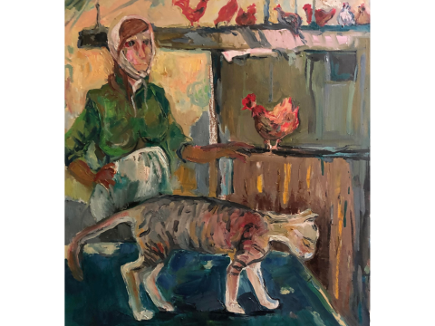 Lady with Cat and Roosters