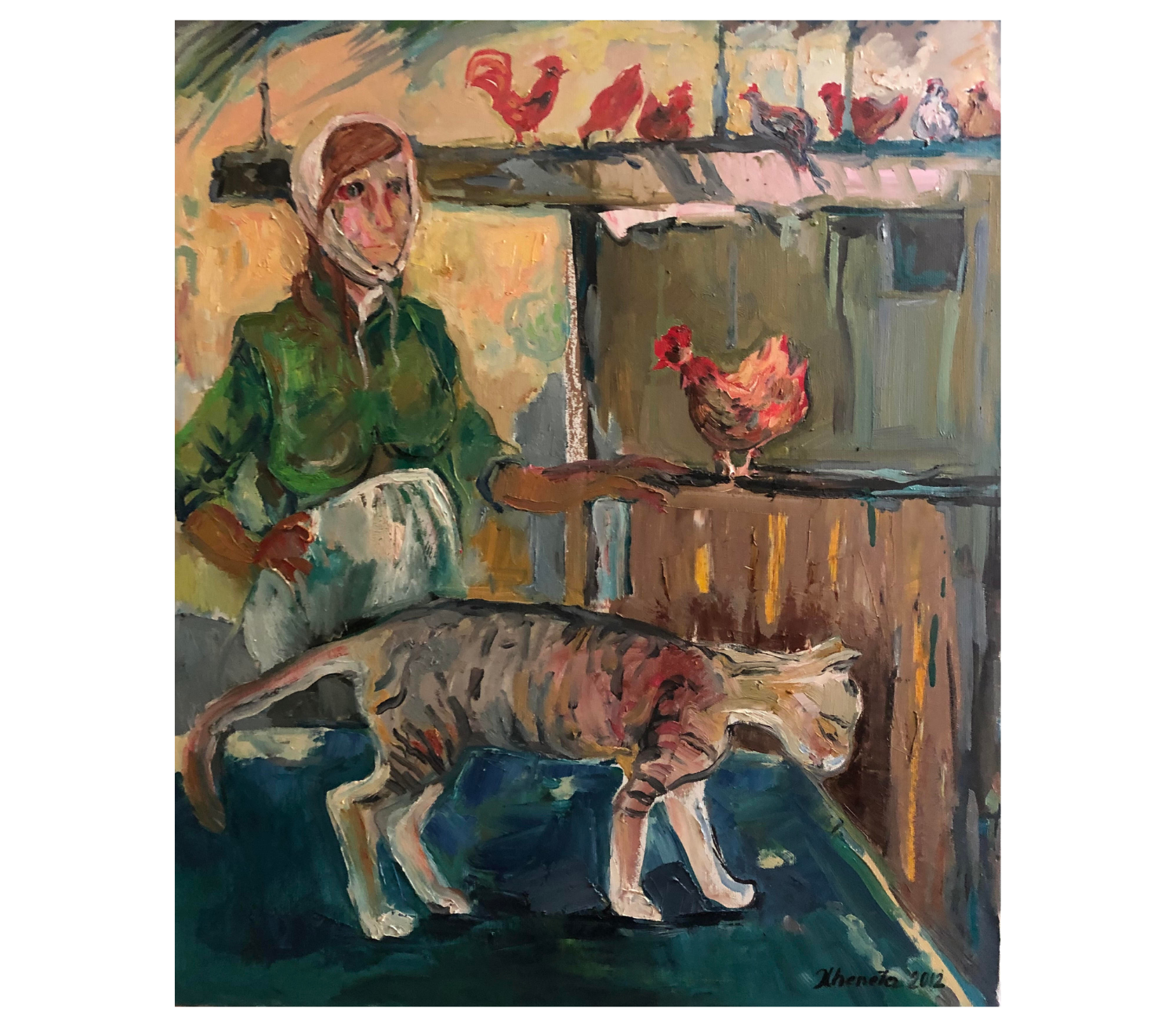 Lady with Cat and Roosters