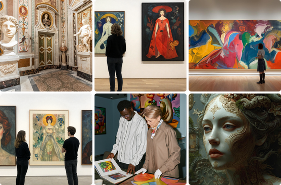 6 images depicting art hanging in galleries.