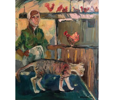 Lady with Cat and Roosters