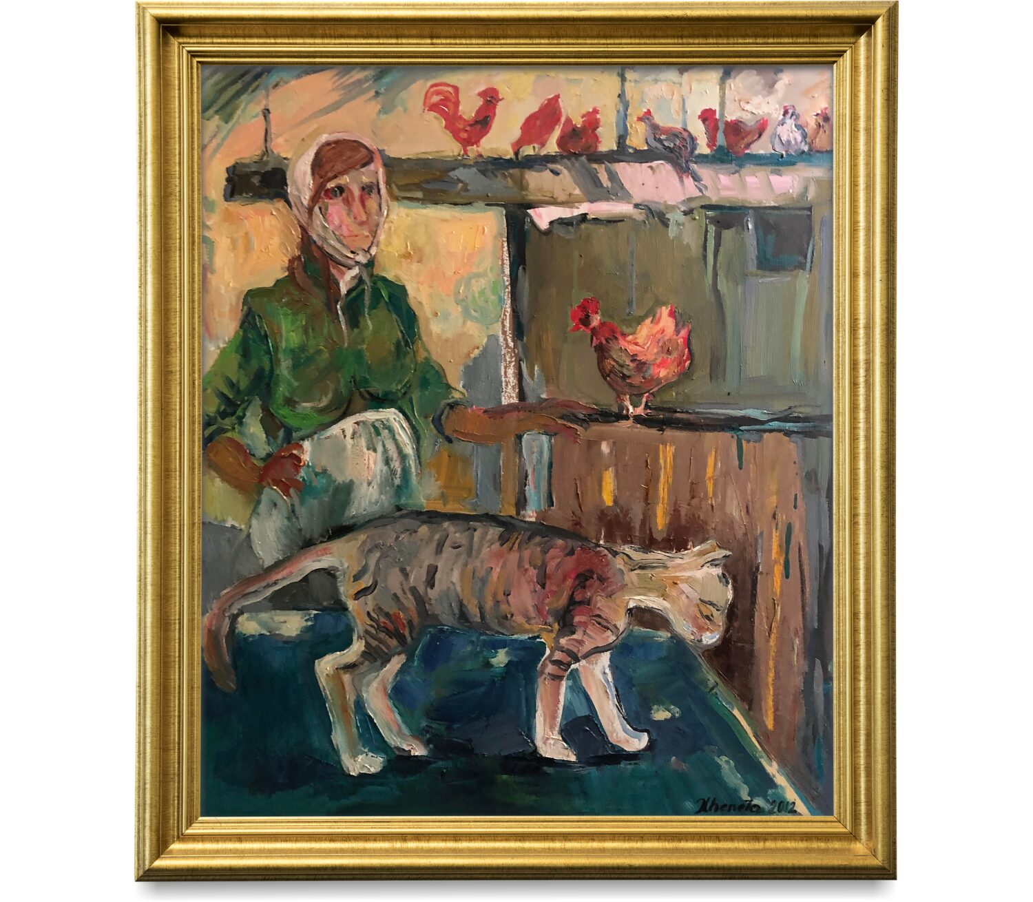 Lady with Cat and Roosters